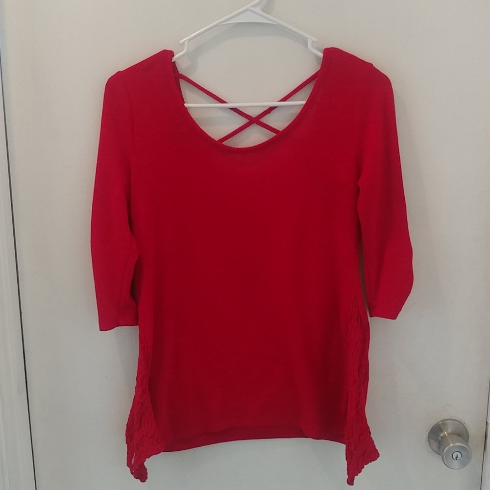 Cute Red Lace Detail Criss Cross Back Shirt